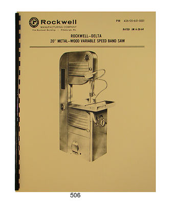 Rockwell-Delta 20'' Bandsaw 28-365, 28-366 Variable Speed Op & Parts Manual #506