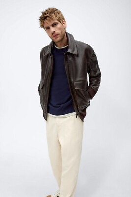 New Zara Genuine Leather Bomber Aviator Jacket S Brown 5479/300
