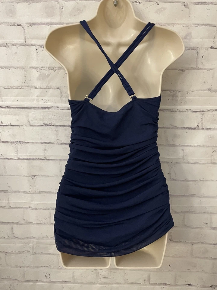 Lauren Ralph Lauren Size 8 Blue Draped Front One Place Slimming Swimsuit Resort - Image 2 of 4