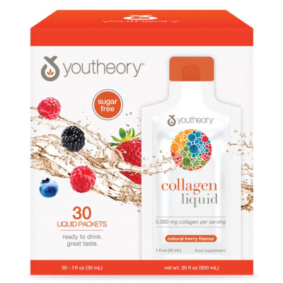 Youtheory Kollagen Flüssigkeit 5000mg, trinkfertig natürliche Beere 30 flüssige Packungen