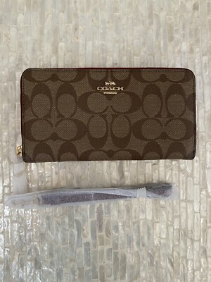 Coach Long Zip Around Wallet In Signature Canvas Gold/Khaki/Cherry