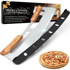 14" Pizza Cutter Rocker Sharp Stainless Steel Blade with Wooden Handles