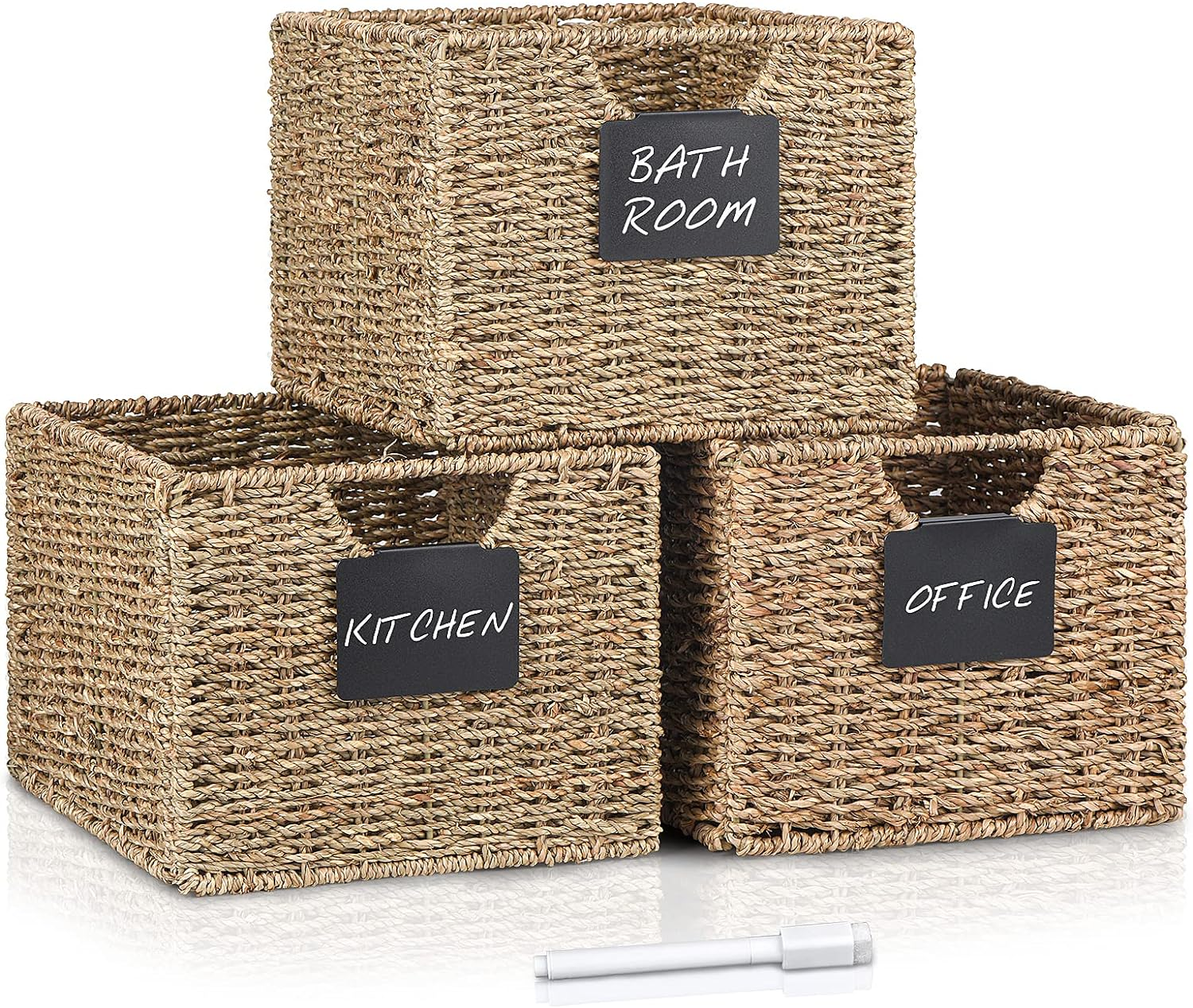 Seagrass Wicker Storage Baskets with Labels 10.5x9x7.5In Organizer Bin-image