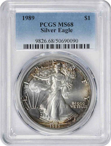 1989 $1 American Silver Eagle MS68 PCGS Toned Gold and Teal Peripheral Toning