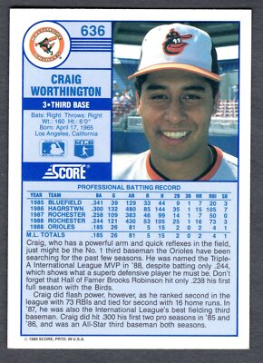1989 SCORE CRAIG WORTHINGTON ROOKIE CARD #636 **NM-MT** BALTIMORE