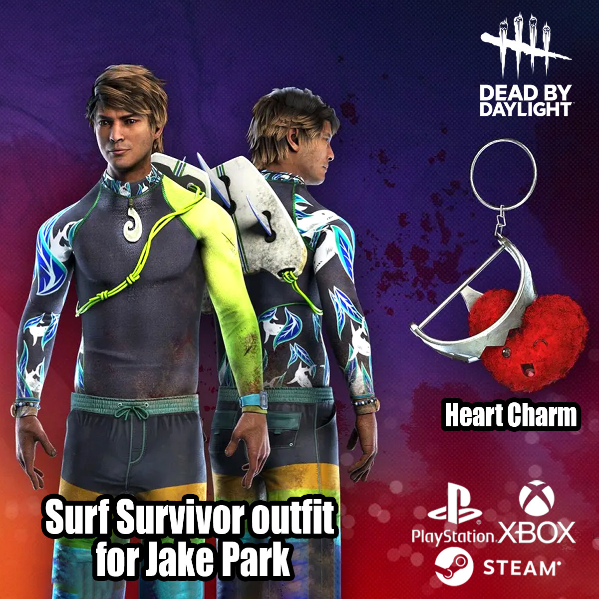 Dead by Daylight, Hooked on You - Surf Survivor Outfit for Jake + Heart  Charm