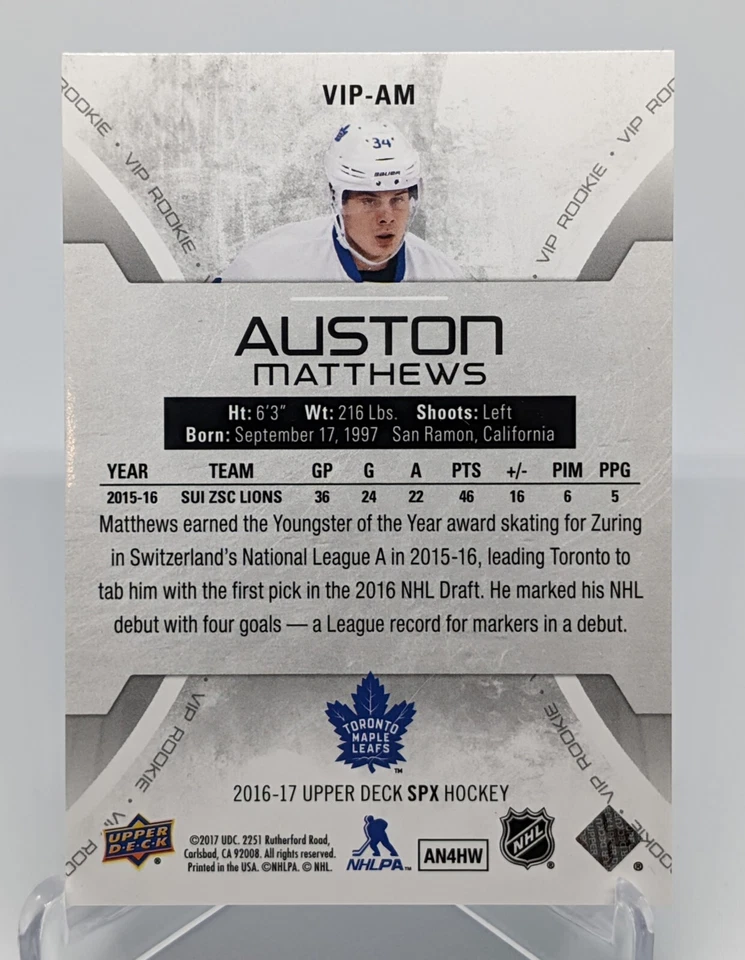 2016-17 Upper Deck SPx VIP Achievements Rookie Auston Matthews #VIP-AM RC RARE - Image 2 of 2