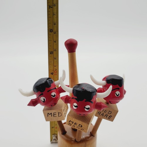 Wood Stick Bull Head Steak Meat Markers w/Stand Vintage Set Meat Temperature - Picture 6 of 8