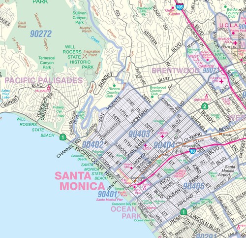 Los Angeles-Long Beach (Southwest LA) Detailed Aterial Wall Map w/Zip Codes - Picture 4 of 6