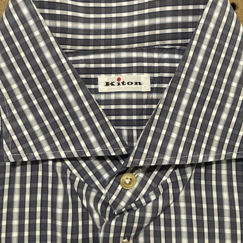 Kiton LS Button Up Shirt Mens Size 17.5/44 Gray & Blue Plaid Modern Italy EUC - Picture 3 of 9