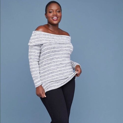 Neu mit Etikett Lane Bryant grau weiß gestreift schulterfrei LS Pullover Sweater - 26/28 - Bild 3 von 8