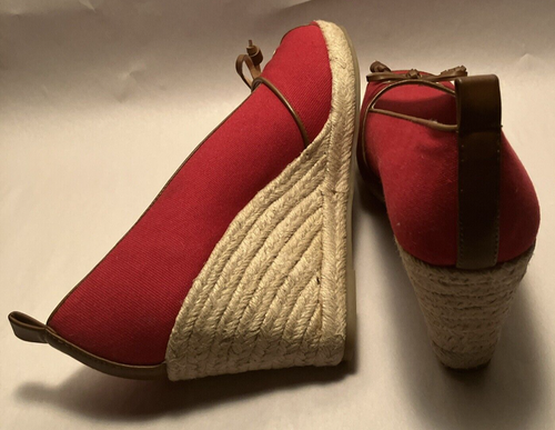Bass Annie Womens 11M Red Canvas, Tan Trim 3 3/4" Wedge Heel Peeptoe Espadrilles - Picture 9 of 15