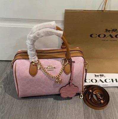 Coach Rowan Satchel Bag Signature Canvas With Charms Gold/Powder Pink CEA18 New