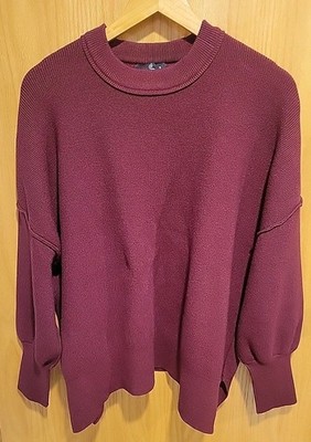 Lillusory Sweater Womens Medium Burgundy Knit Crew Neck Batwing Drop Shoulder