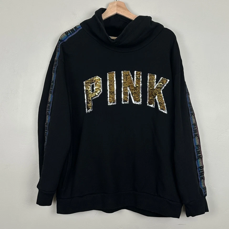 Victoria Secret PINK Rainbow Bling Sequin Sweatshirt Colorful Funnel Neck L - Image 2 of 4
