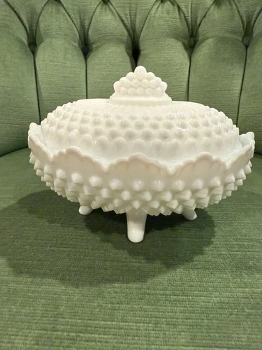 Vintage Fenton Hobnail White Milk Glass Covered Oval Footed Candy Dish