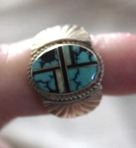 Vintage 925 Silver Turquoise Mosaic Men or Women's Ring Size 9