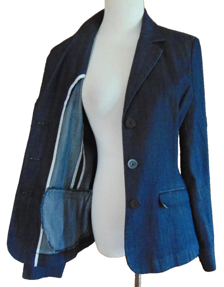 EDDIE BAUER WOMENS BLUE DENIM STRETCH JACKET DENIM BLAZER SLIT CUFFS SIZE 12 - Image 3 of 4