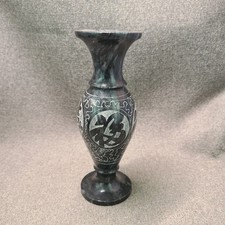 FENG SHUI Vase Antique Collectible Black & Grey Marble Carved Chinese Art EUC 8"
