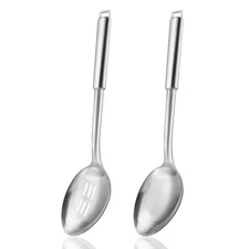 18/0 Stainless Steel Cooking Spoons Set Serving Spoon & Slotted Spoon Kitchen...