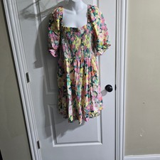 Gap Smocked Floral Mini Dress Women XL Tall Multicolor Linen Blend Puff Sleeve