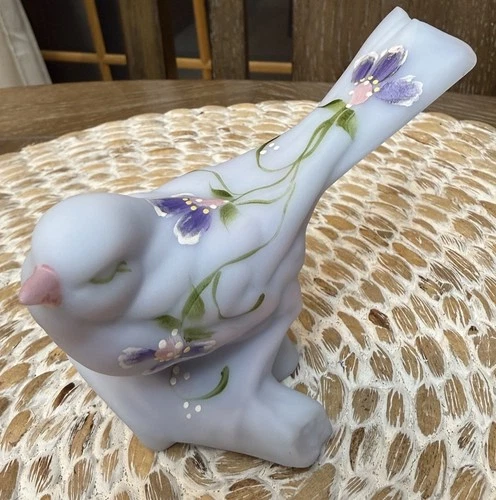 Vtg Fenton Pink Blue Burmese Glass Bird On A Log Hand Painted Flowers Labeled