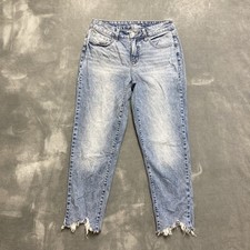 Time  Tru Mid Rise Ankle Jeans Womens 4 Whiskered Blue Stretch Denim Raw Hems