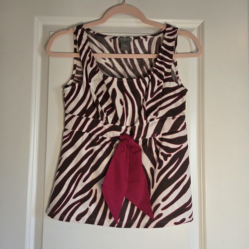 Camicetta top donna Ann Taylor Petite taglia 0P senza maniche stampa zebrata marrone rosa fiocco - Foto 1 di 11