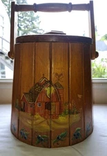 Vintage Wooden Handpainted Farm Firkin Sewing Basket Sugar Bucket