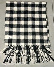 Disney Embroidered Mickey Mouse Scarf Fringe Black/White Plaid Flannel Authentic