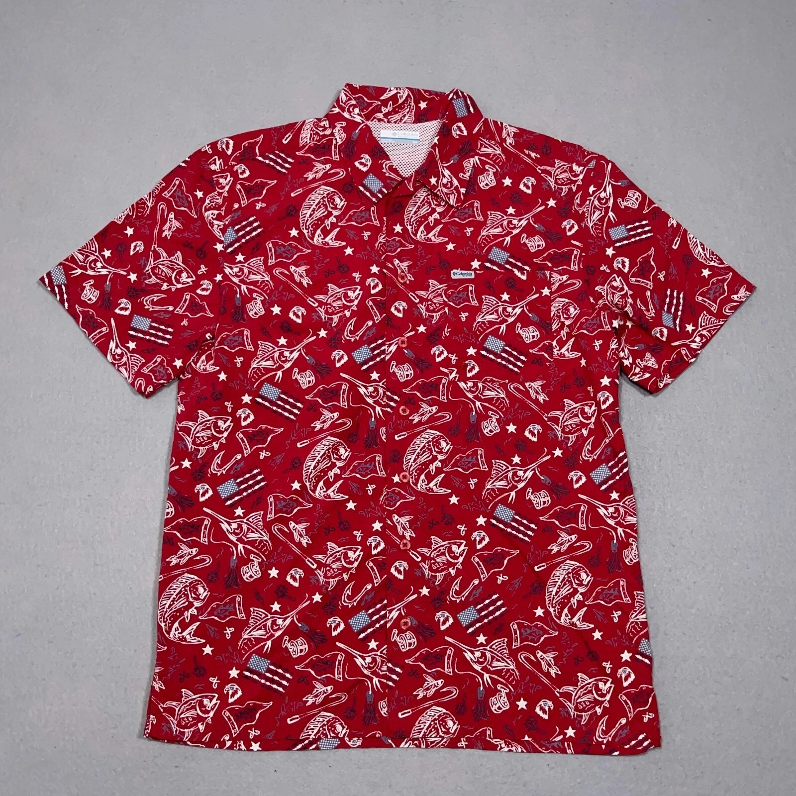 Columbia PFG Fishing Shirt Men Small Regular Red Americana Fish Print Outdoor