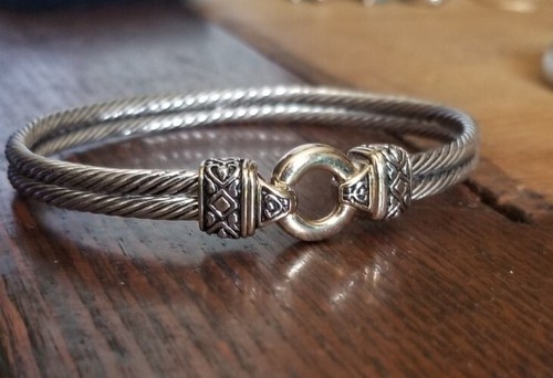 Ross Simon Sterling silver & 18k Yellow Gold accent cable front hook bracelet CI - Picture 4 of 10
