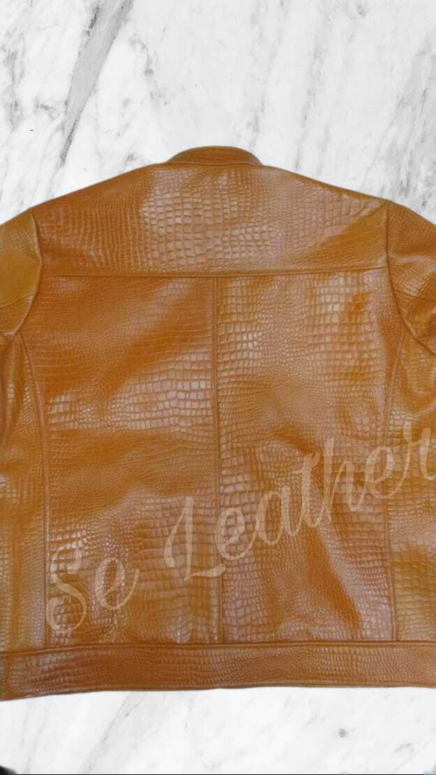 ALTRA Giacca Uomo Vera Pelle Coccodrillo Stampa In rilievo Biker Moto Giacca Marrone