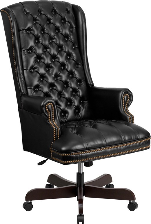 High Back Traditional Button Tufted Black Leather Executive Swivel