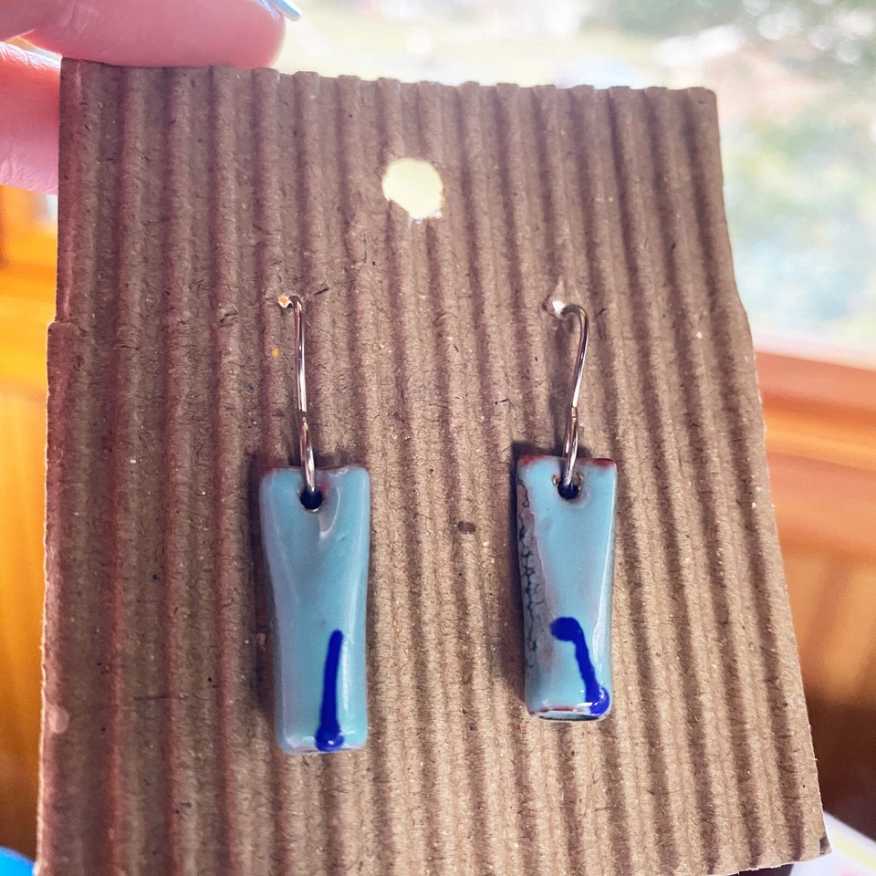 Blue Enameled Copper Tube Earrings Artisan Handmade USA Enamel Jewelry - Image 2 of 4