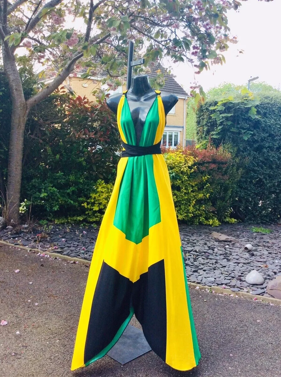 NEW ARRIVAL Handmade Jamaica Flag colour Mermaid Maxi dress Size 12 14