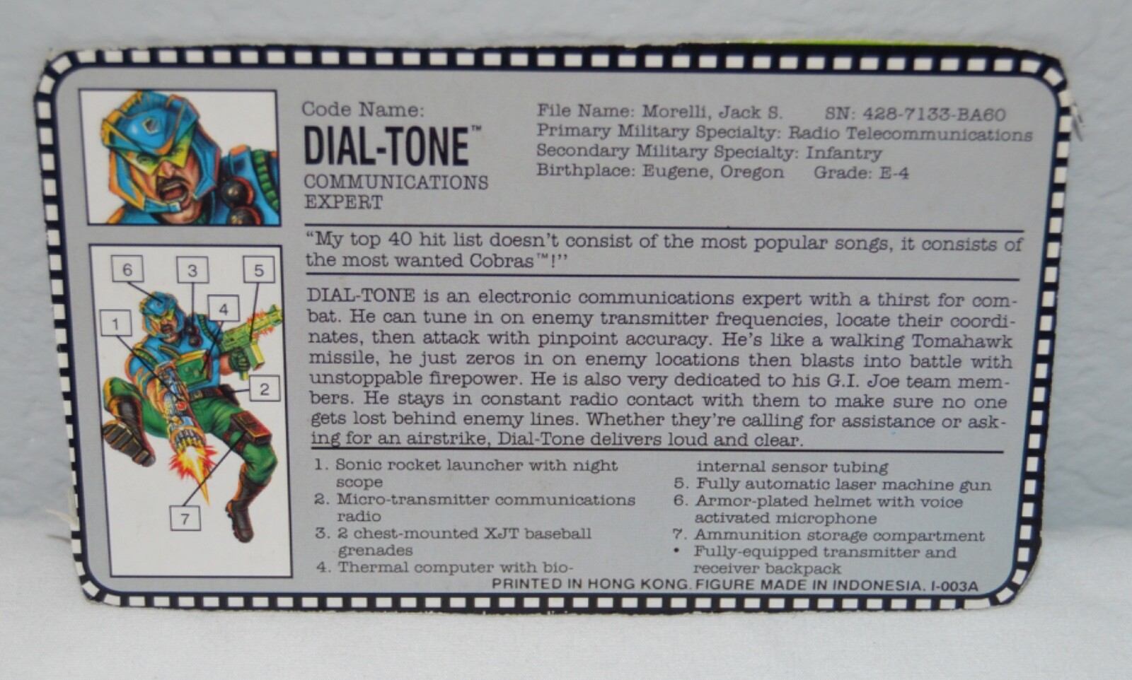 1994 Vintage GI Joe Dial Tone Action Figure with Original File Card