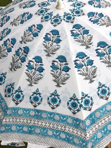 Large Hand Block Printed Garden Umbrella Indian Sun Shade Parasol Beach Umbrella - Picture 7 of 10