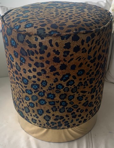 Blue and Brown Animal Print Ottoman with Gold Brass Base, linen fabric - Picture 5 of 9