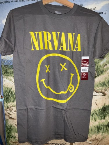 Nirvana Squiggly Smiley Face Gray Graphic Short Sleeve T-Shirt Small NEW