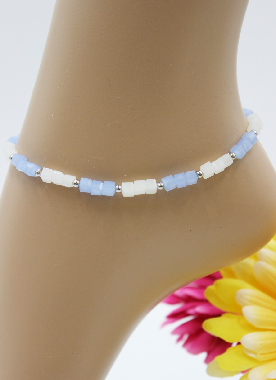 Pastel Colors Anklet Stainless Steel Beads Cube Blue White #JA008