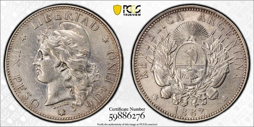 1882 ARGENTINA REPUBLIC SILVER PATACON PESO KM-29 PCGS ABOUT UNC DETAILS