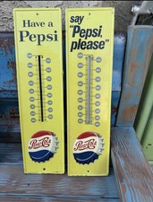 Two Vintage Say Pepsi Please Metal Thermometer Non Working See Description