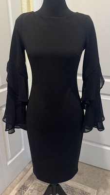 Calvin Klein Black poly spandex Layered Sheer Flutter sleeves Dress Size 2 