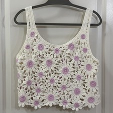 Cute Swimsuit Top Cover Up Crochet Knit Boho Floral Tank Crop Size Small Medium