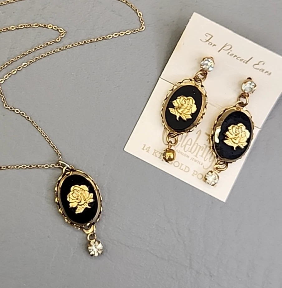 Vintage Celebrity Rose Necklace Earrings Set Pierced Dangle Black Glass 14K Post - Image 4 of 4