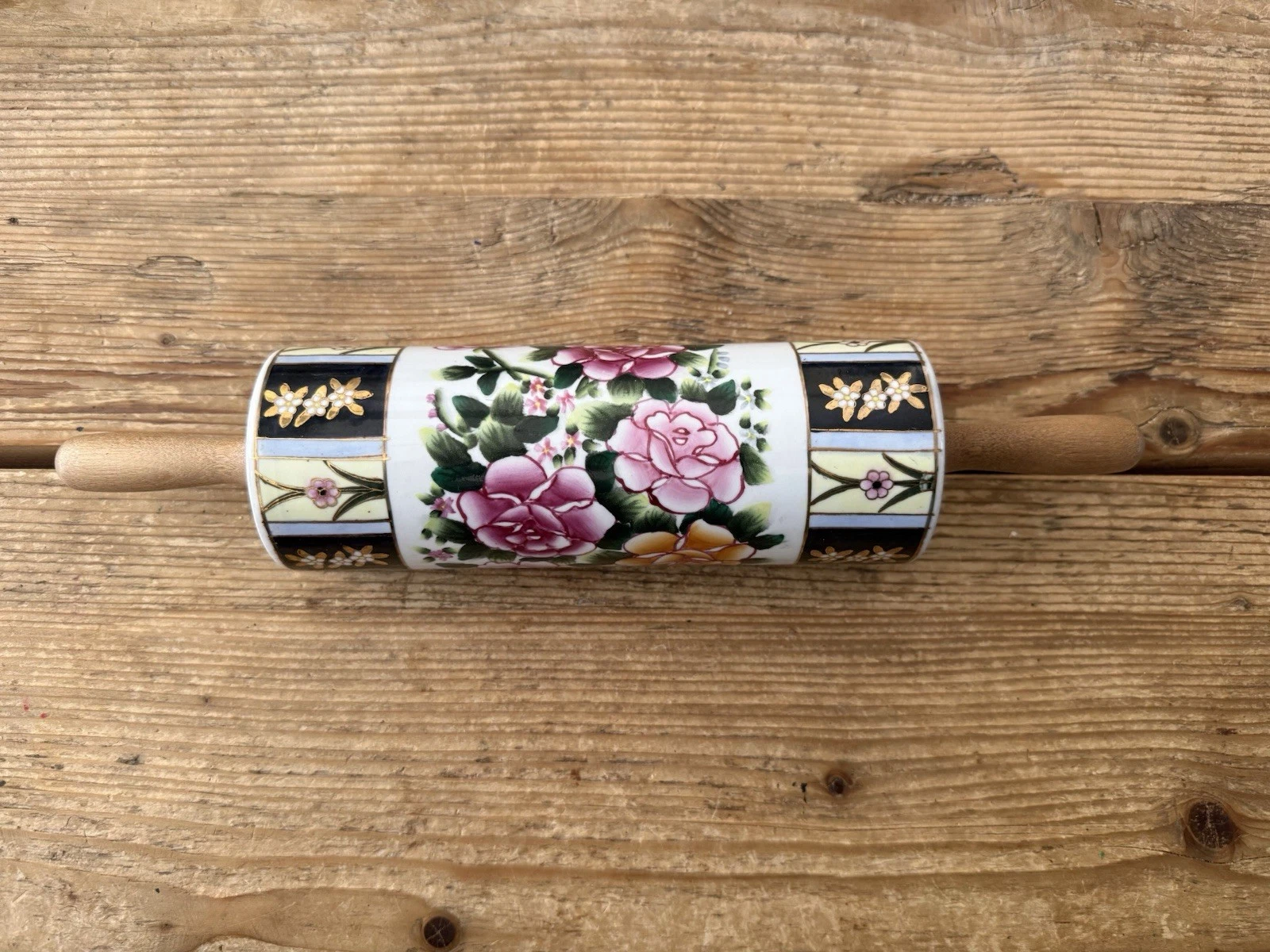 Ceramic Rolling Pin Floral Multicolor Plain Type With Handle
