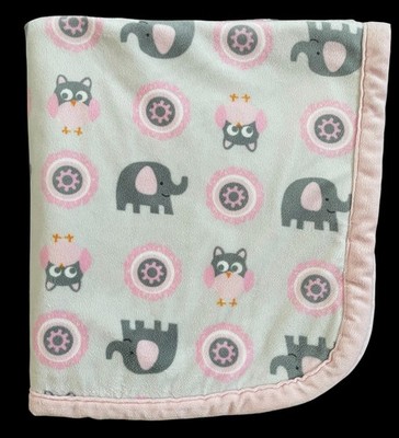 Blankets and Beyond Owl Elephant Pink Edge Trim Gray Baby Security Blanket Lovey