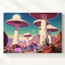 Surreal Mushroom Outpost Canvasretro-Futuristic Fantasy Landscape Art Wall Art