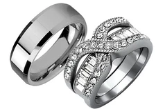 3 Pcs His & Her Stainless Steel Wedding Engagement Couple Matching Ring Band Set